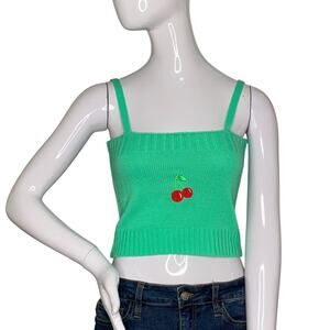 Sweet&Sinful Knit Crop Top NWOT Size Small Green with Cherries Embroidered Patch